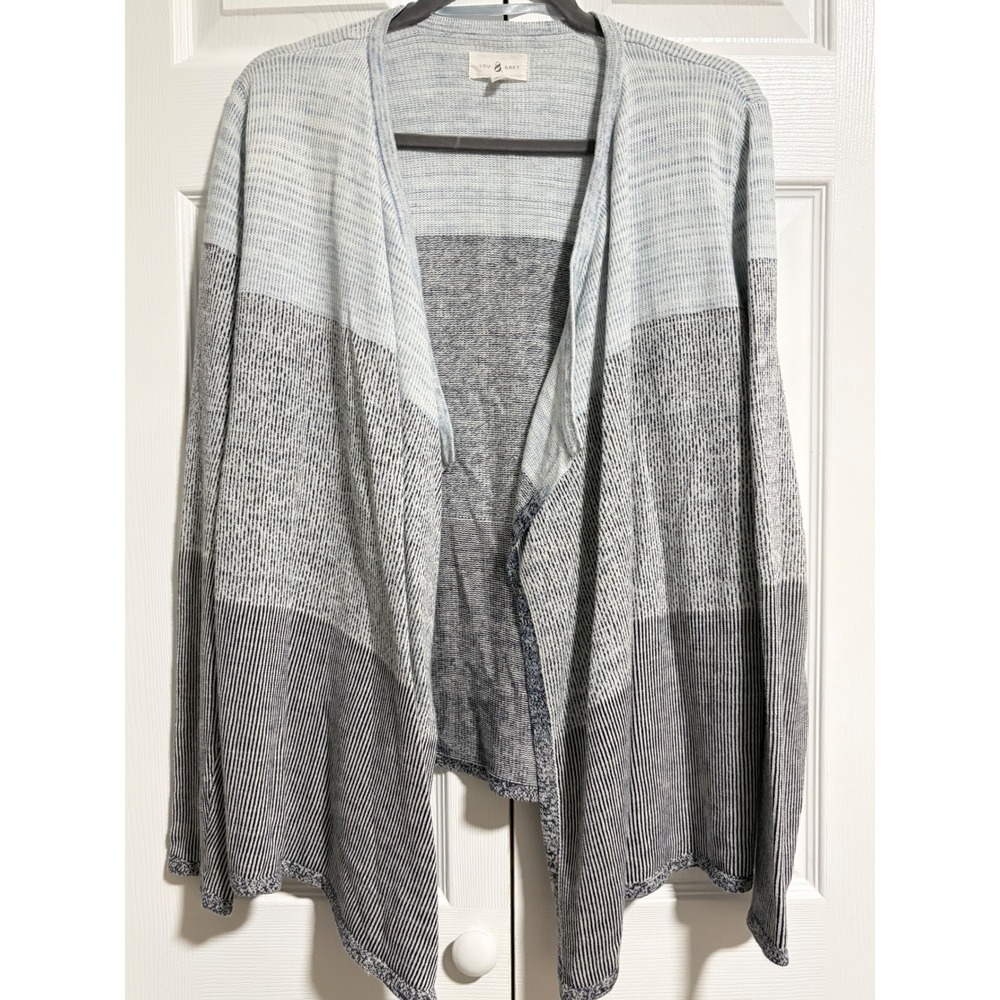 Lou & Grey Women Blue Grey Colorblock Open Front Draped Knit Cardigan Sweater Md